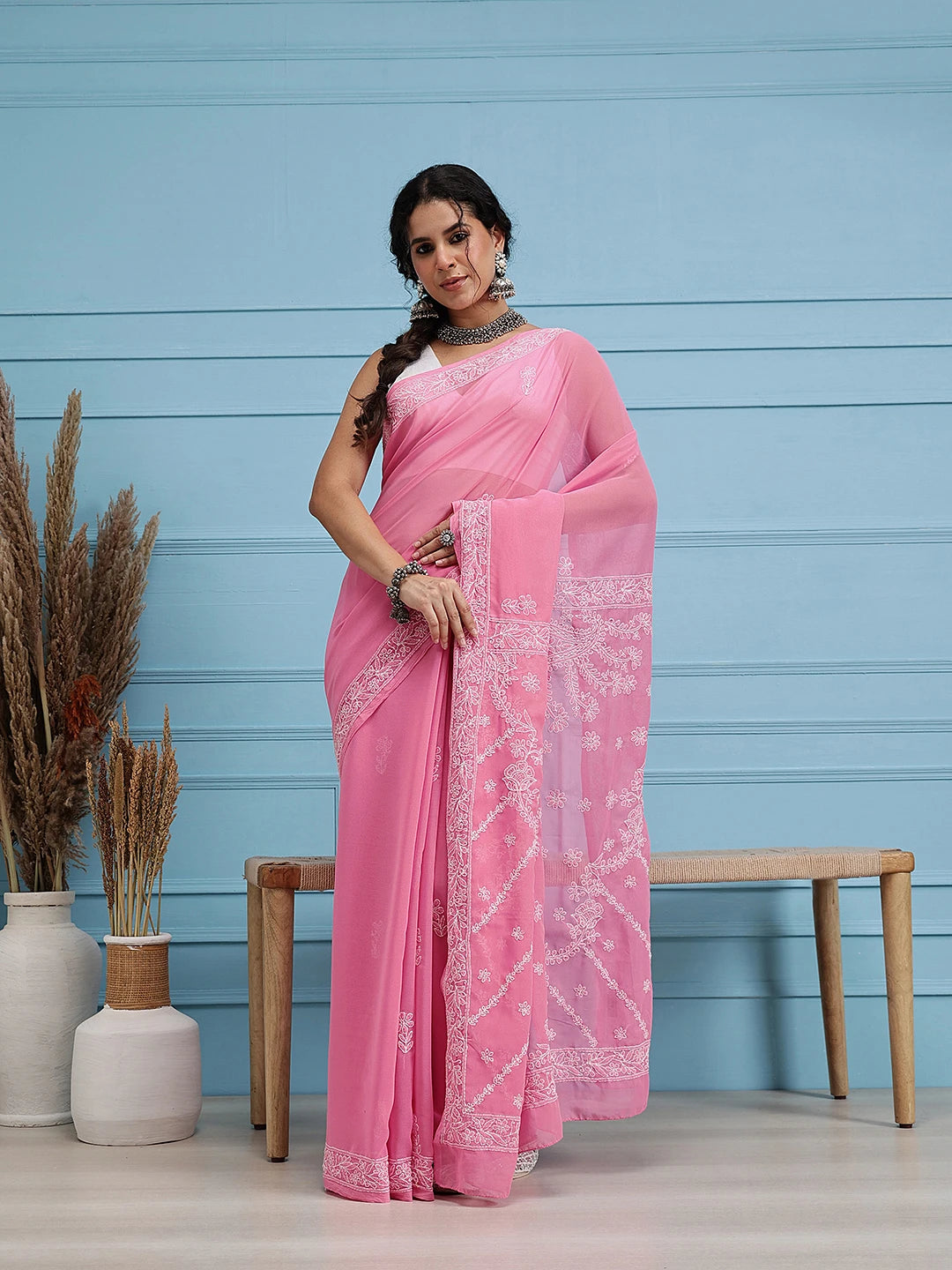 Ada Hand Embroidered Dark Pink Georgette Lucknow Chikankari Saree With Blouse A191783