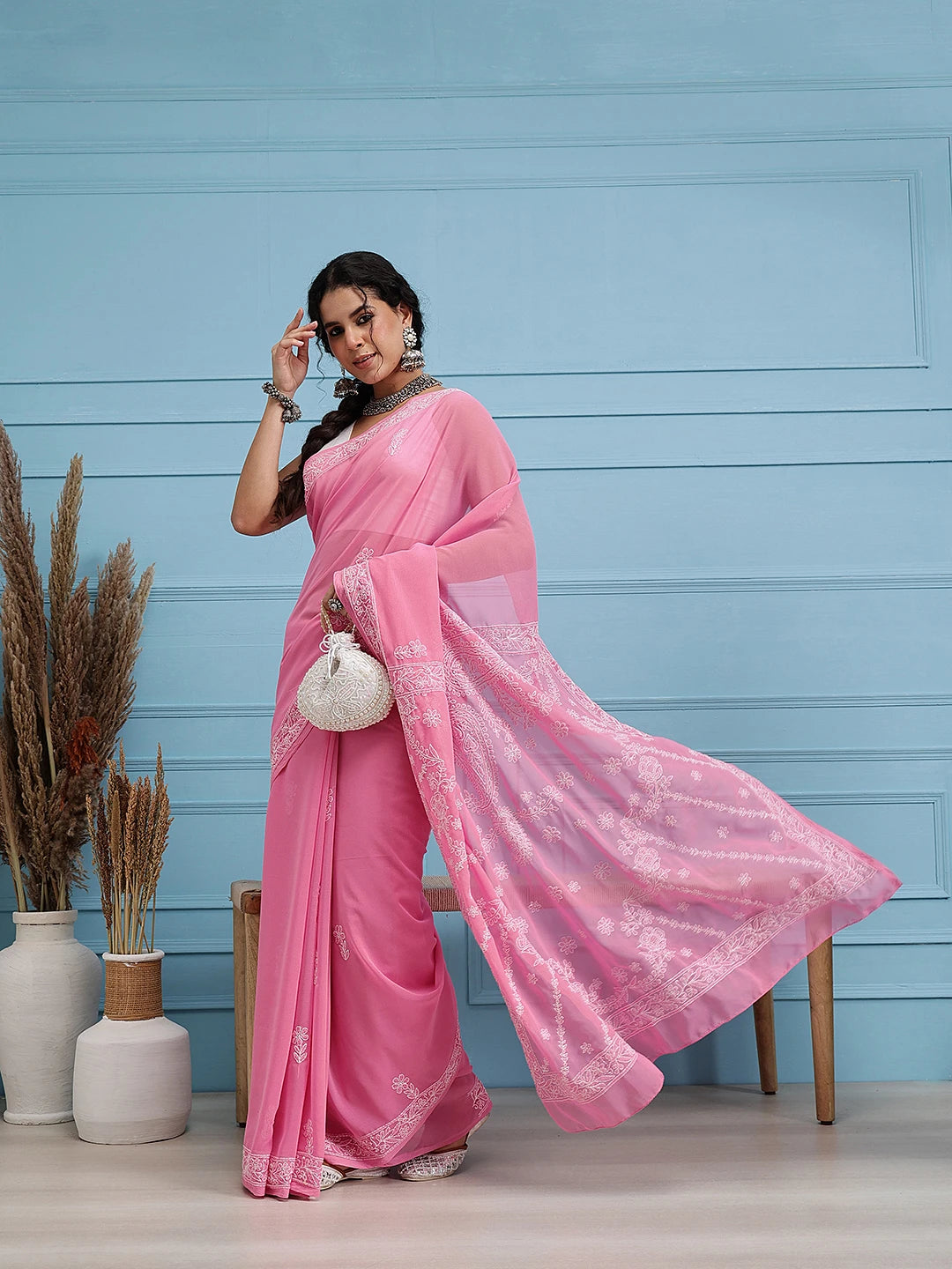 Ada Hand Embroidered Dark Pink Georgette Lucknow Chikankari Saree With Blouse A191783