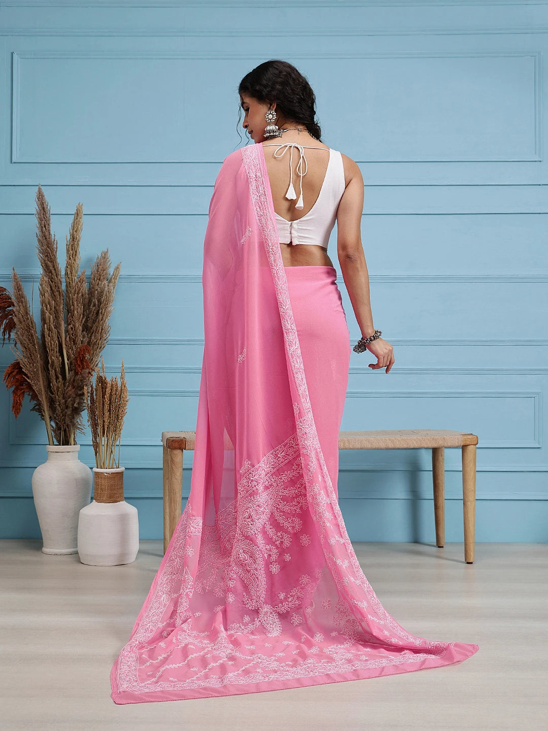 Ada Hand Embroidered Dark Pink Georgette Lucknow Chikankari Saree With Blouse A191783