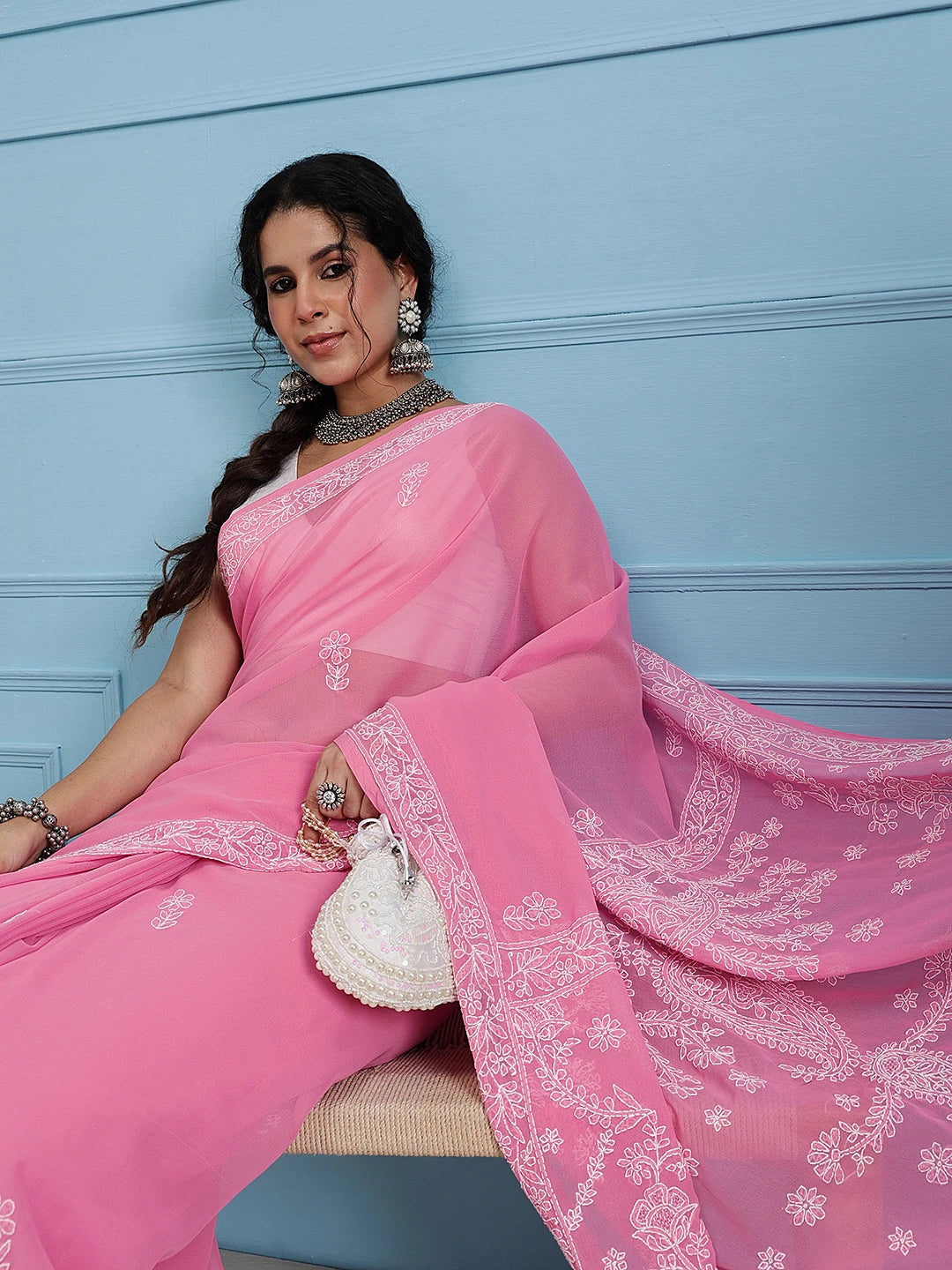 Ada Hand Embroidered Dark Pink Georgette Lucknow Chikankari Saree With Blouse A191783