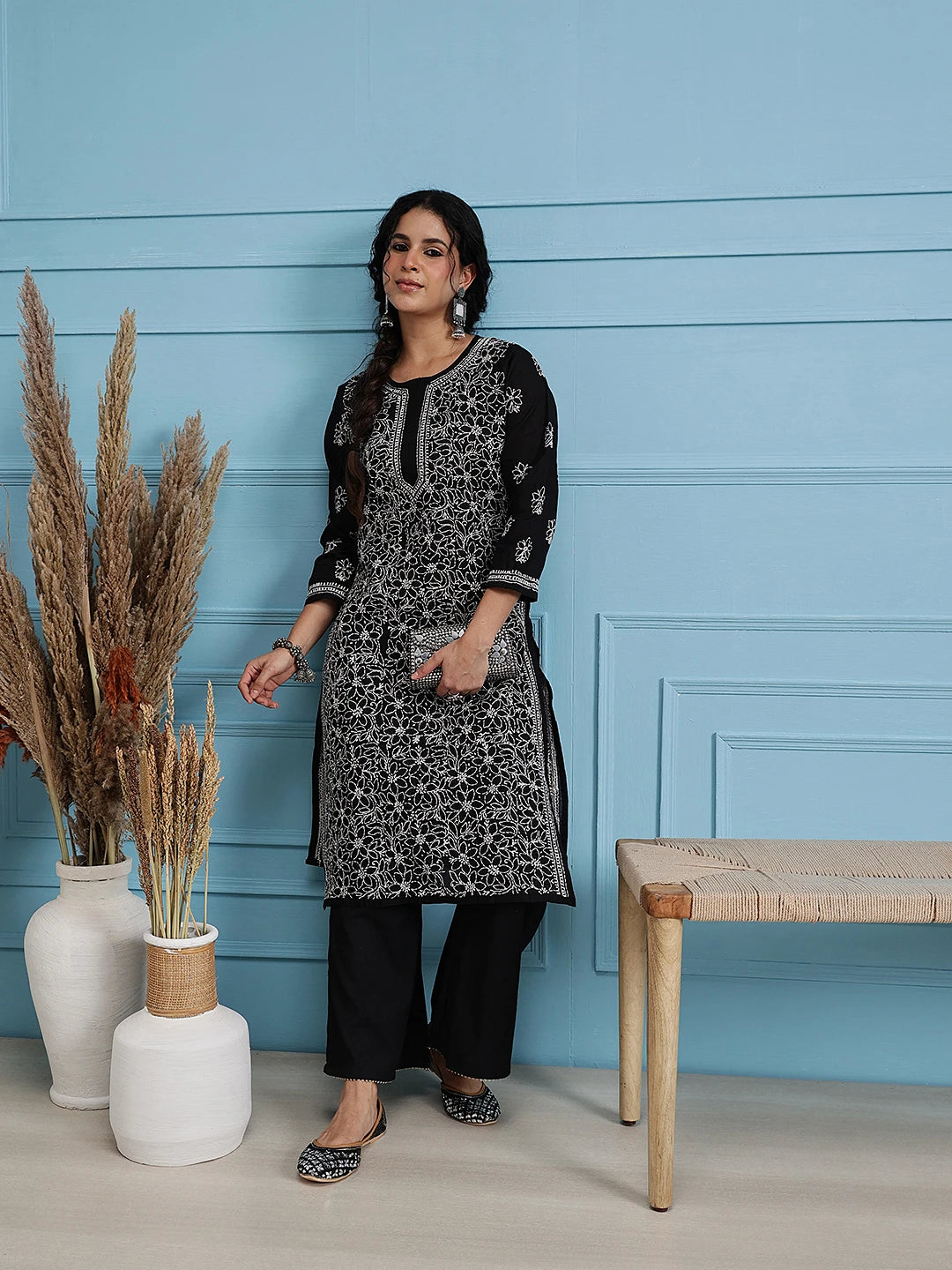 Ada Hand Embroidered Black Cotton Lucknowi ChikankarI Straight Kurta A411304