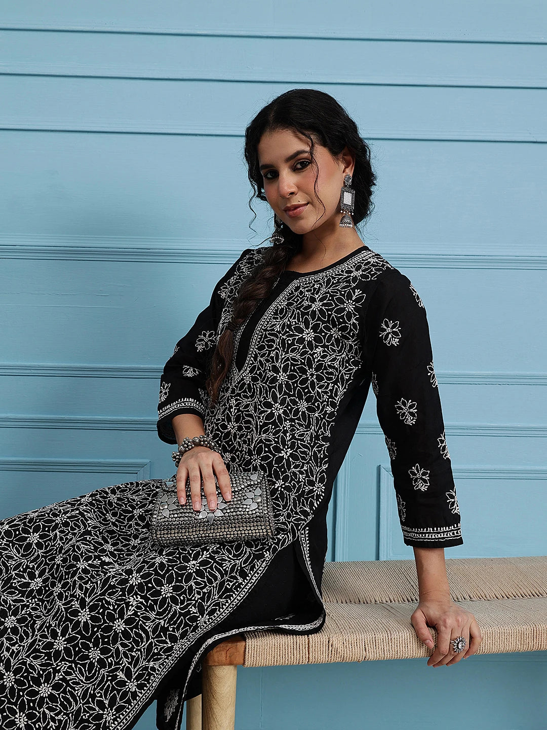 Ada Hand Embroidered Black Cotton Lucknowi ChikankarI Straight Kurta A411304