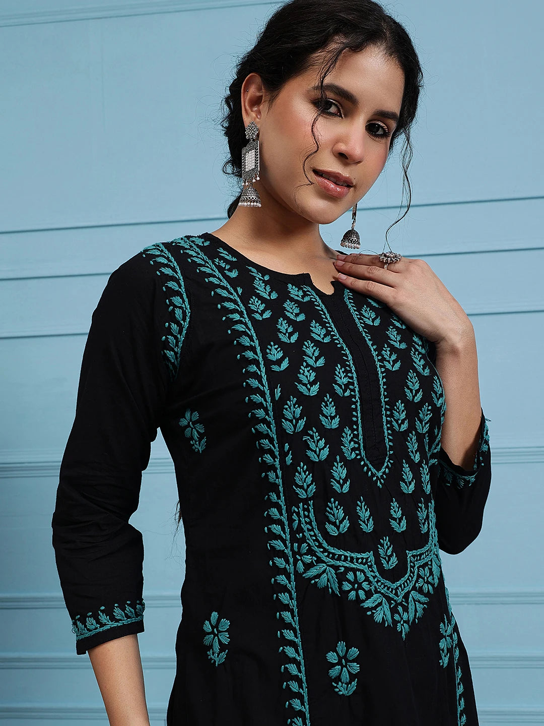 Ada Hand Embroidered Black Cotton Lucknowi Chikankari Straight Kurta A411768