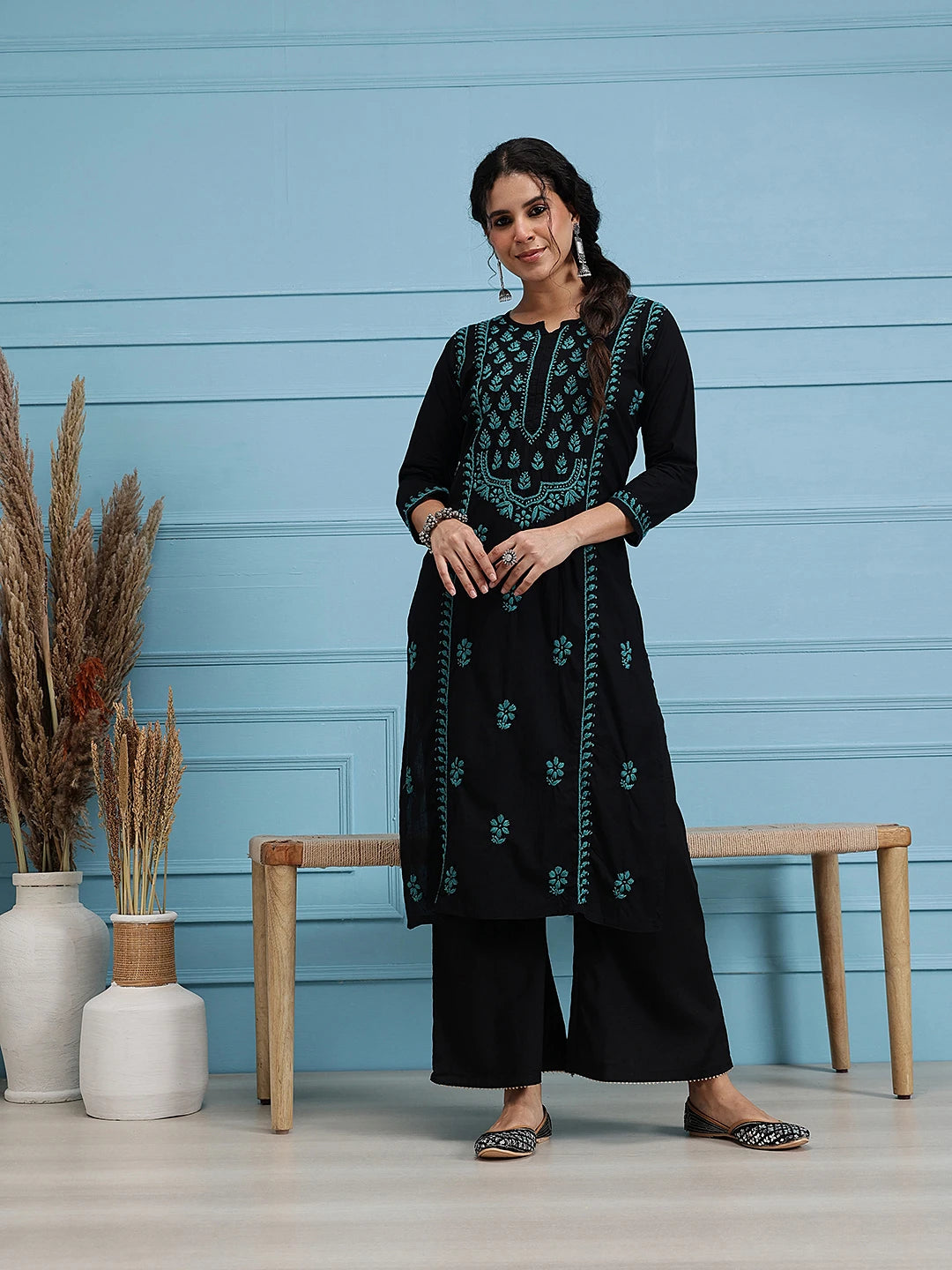 Ada Hand Embroidered Black Cotton Lucknowi Chikankari Straight Kurta A411768