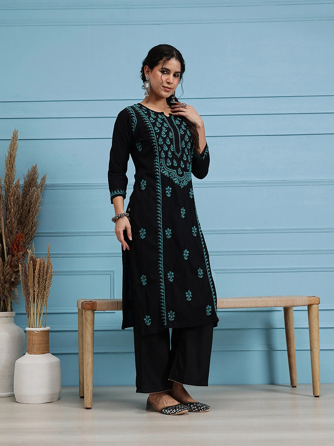 Ada Hand Embroidered Black Cotton Lucknowi Chikankari Straight Kurta A411768