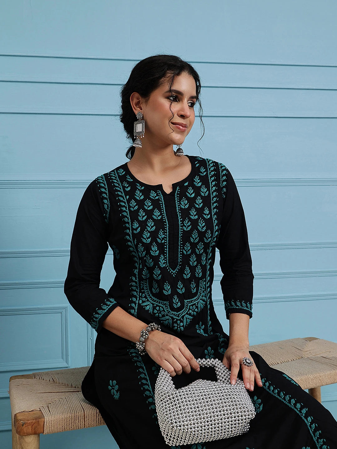 Ada Hand Embroidered Black Cotton Lucknowi Chikankari Straight Kurta A411768