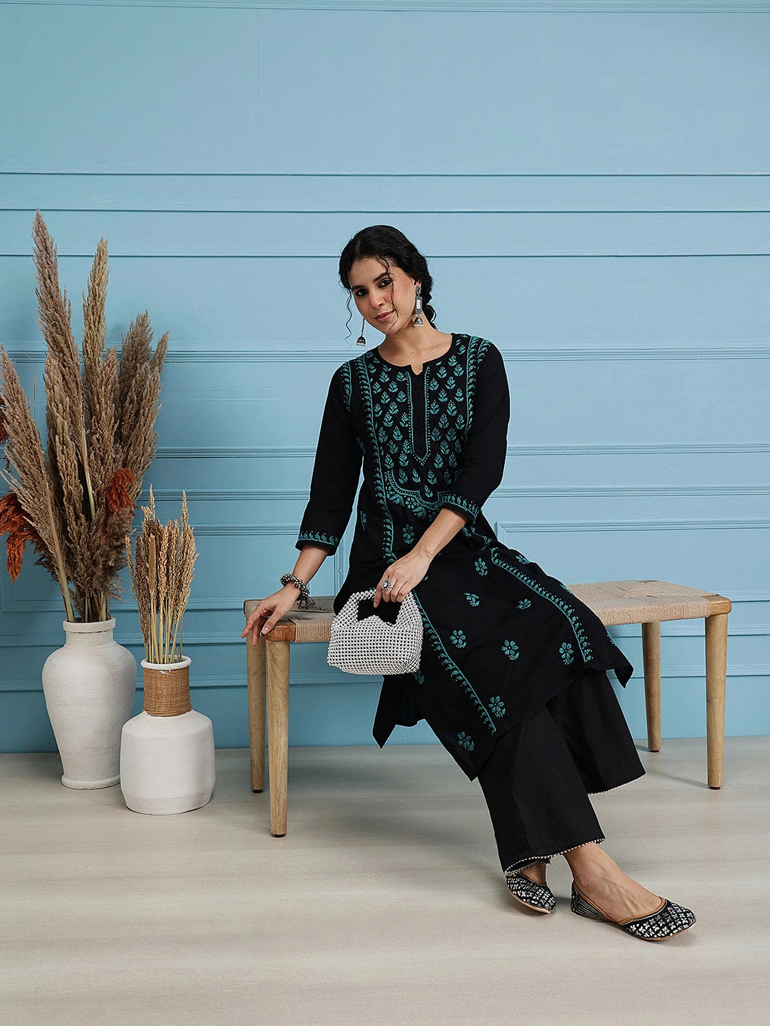 Ada Hand Embroidered Black Cotton Lucknowi Chikankari Straight Kurta A411768