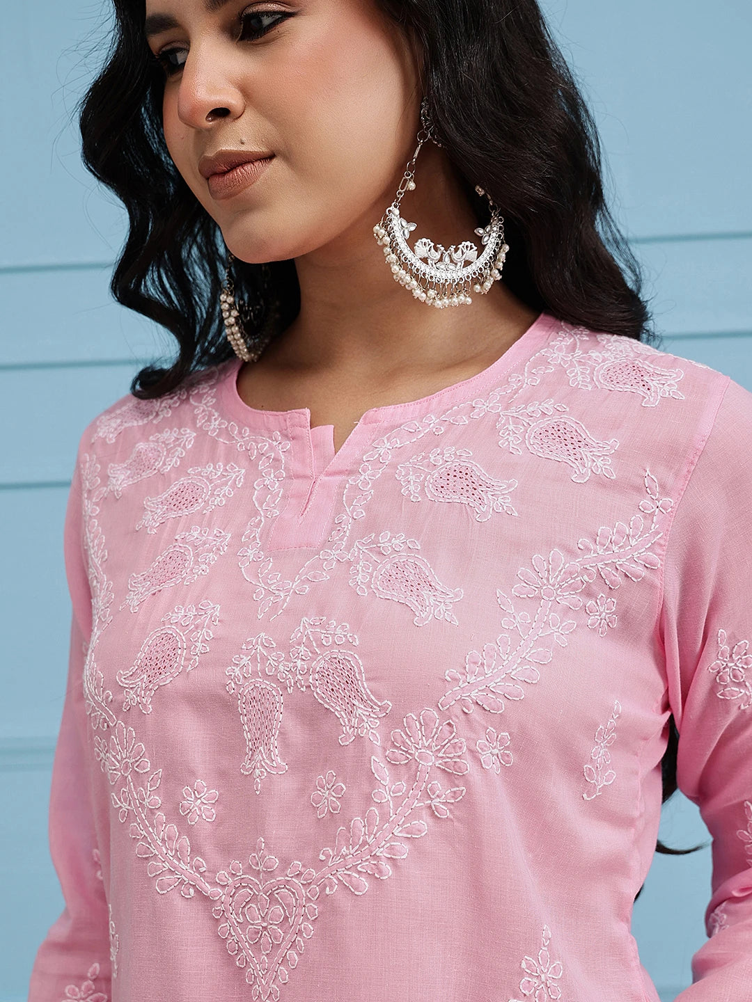 Ada Hand Embroidered Pink Cotton Lucknowi Chikankari Straight Kurti A911115