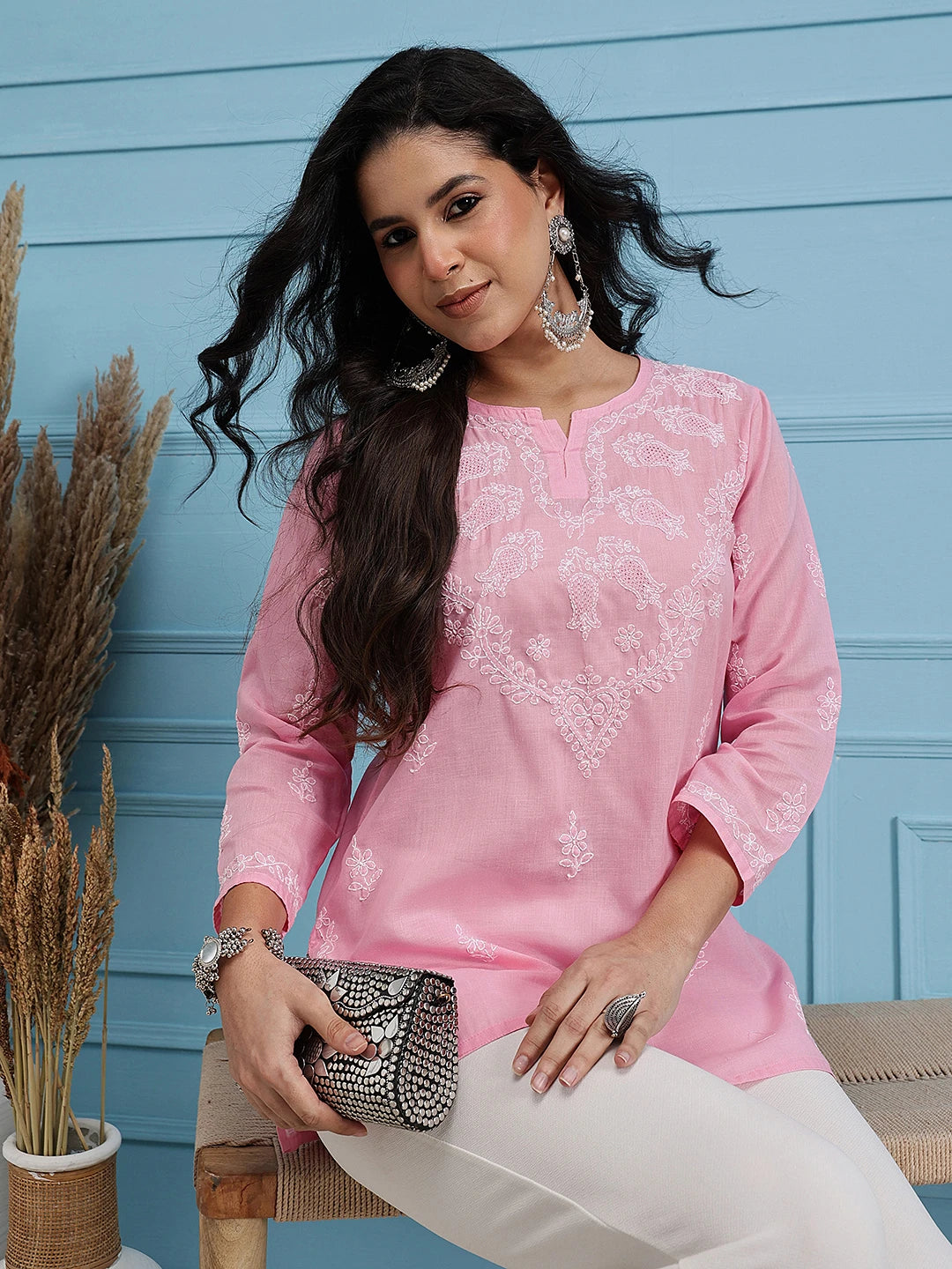 Ada Hand Embroidered Pink Cotton Lucknowi Chikankari Straight Kurti A911115
