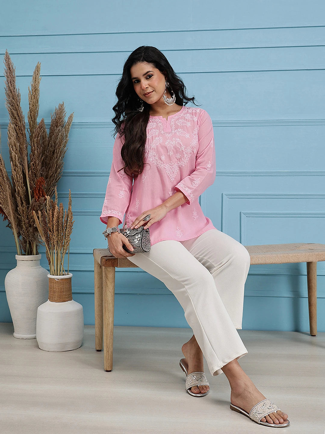 Ada Hand Embroidered Pink Cotton Lucknowi Chikankari Straight Kurti A911115