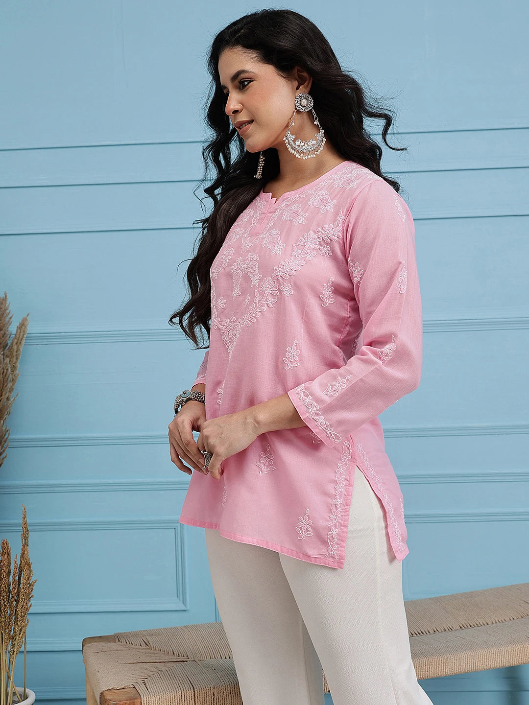 Ada Hand Embroidered Pink Cotton Lucknowi Chikankari Straight Kurti A911115