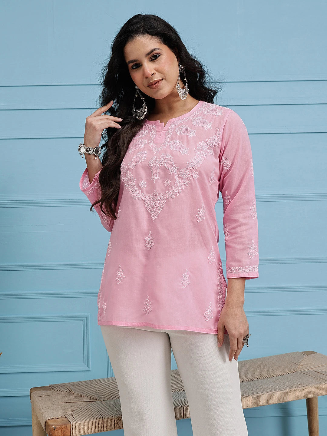 Ada Hand Embroidered Pink Cotton Lucknowi Chikankari Straight Kurti A911115