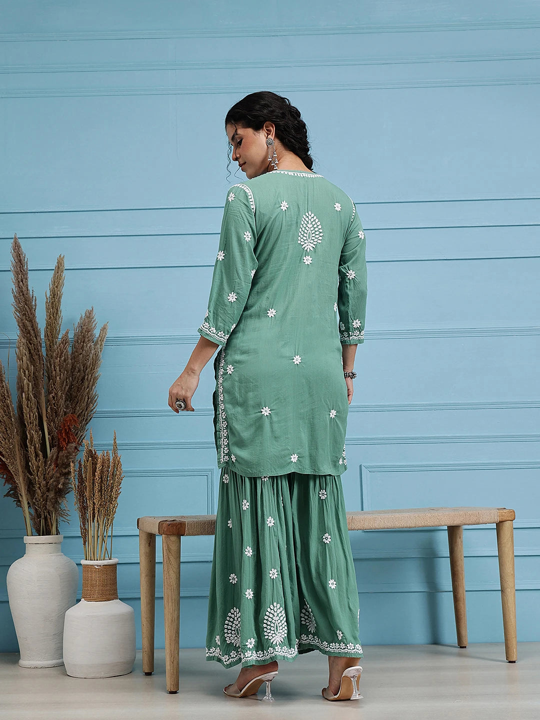 Ada Hand Embroidered Green Modal Lucknowi Chikankari Garara Set A811322