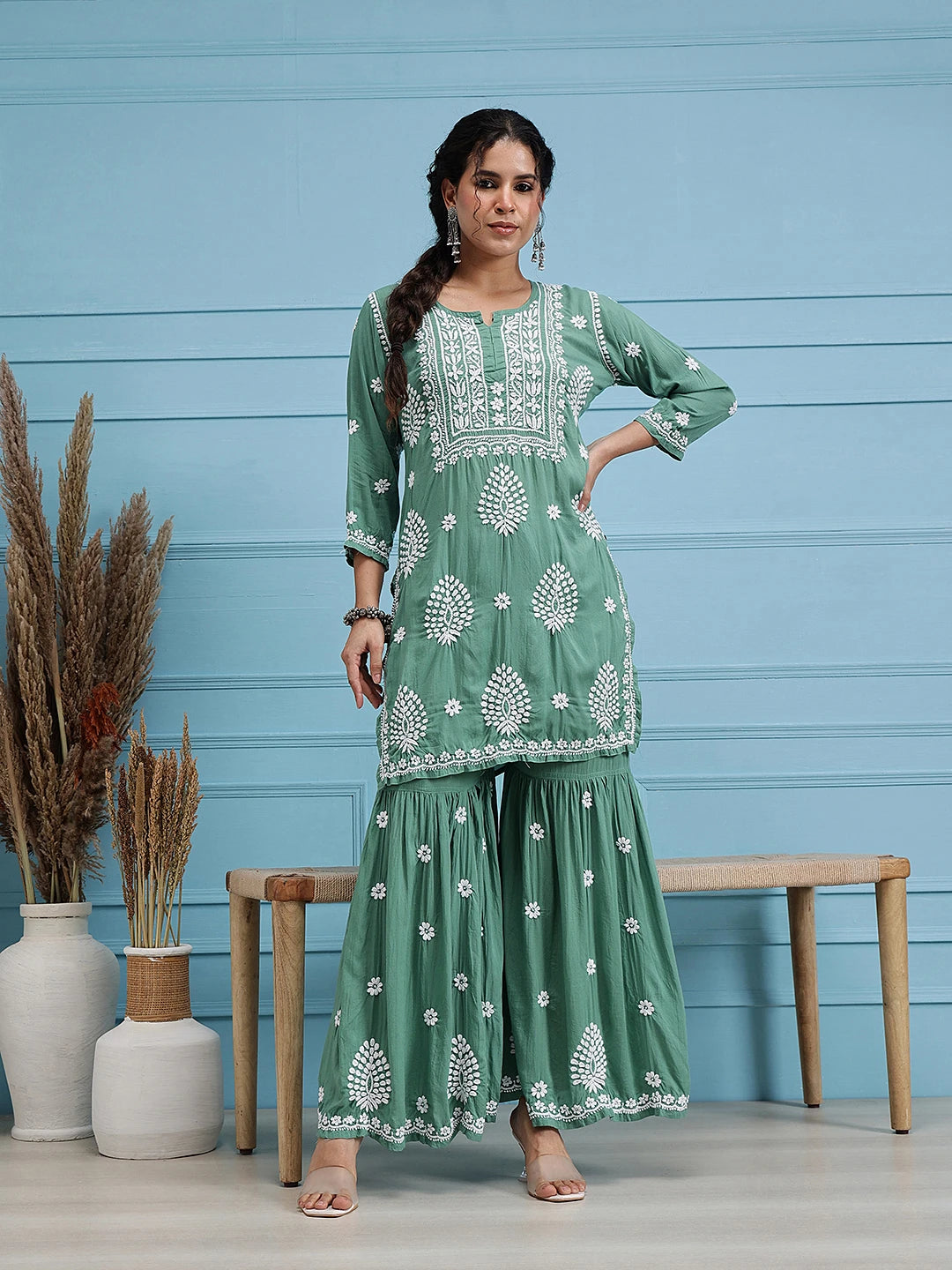 Ada Hand Embroidered Green Modal Lucknowi Chikankari Garara Set A811322