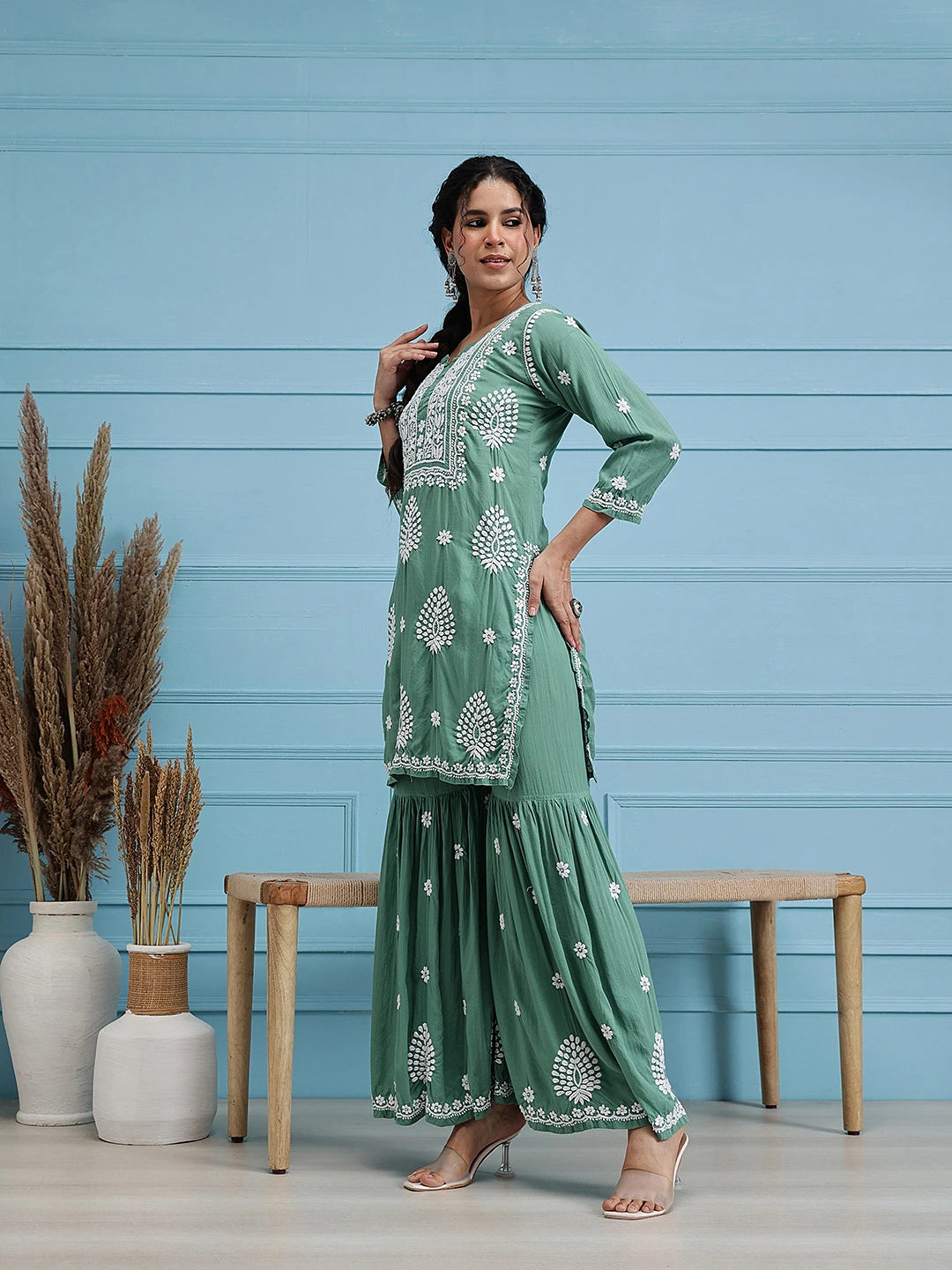 Ada Hand Embroidered Green Modal Lucknowi Chikankari Garara Set A811322