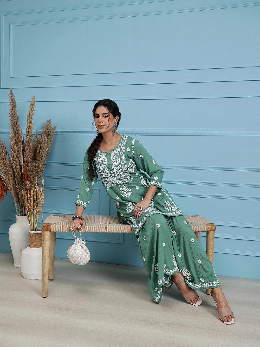 Ada Hand Embroidered Green Modal Lucknowi Chikankari Garara Set A811322