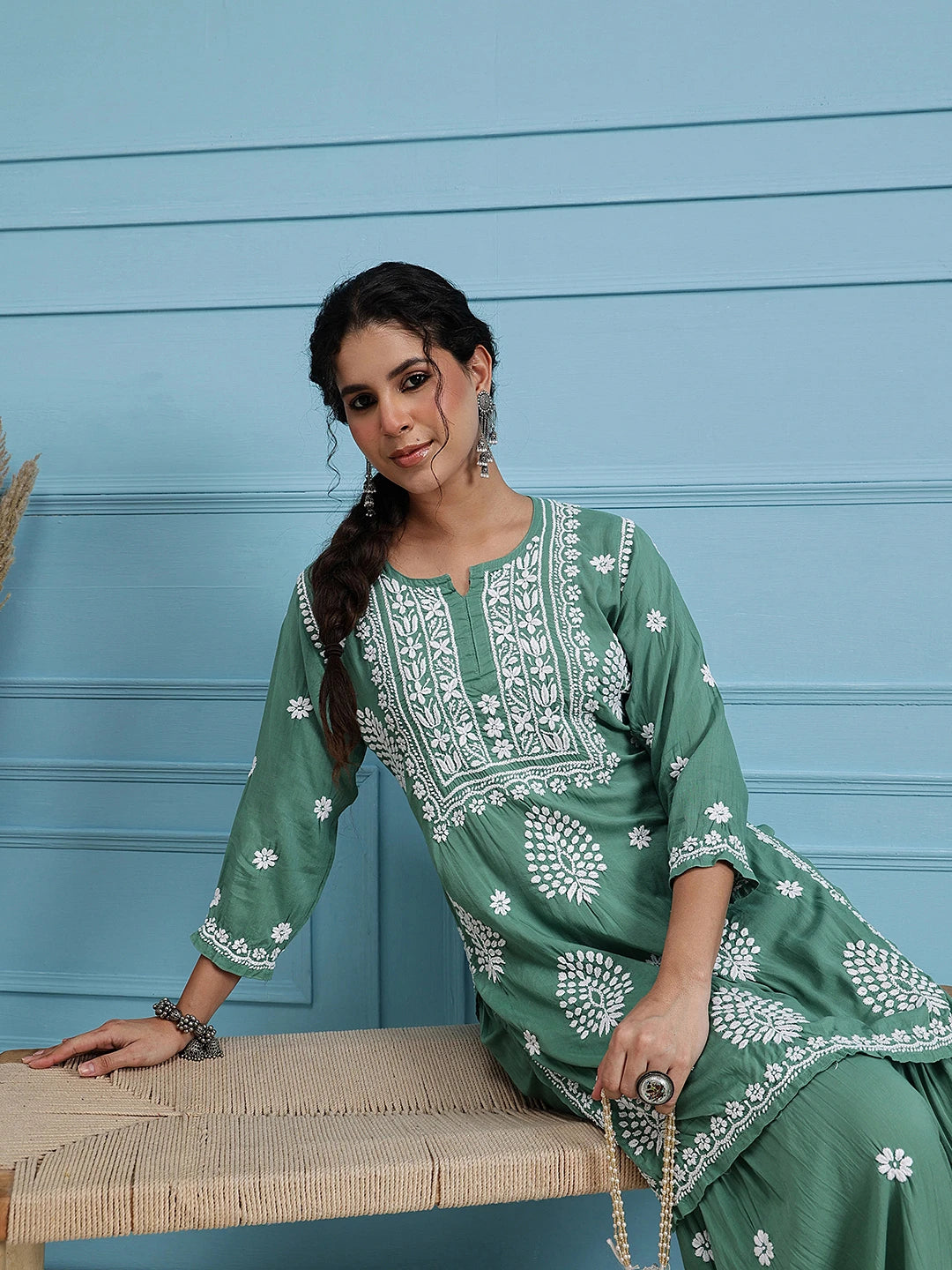 Ada Hand Embroidered Green Modal Lucknowi Chikankari Garara Set A811322
