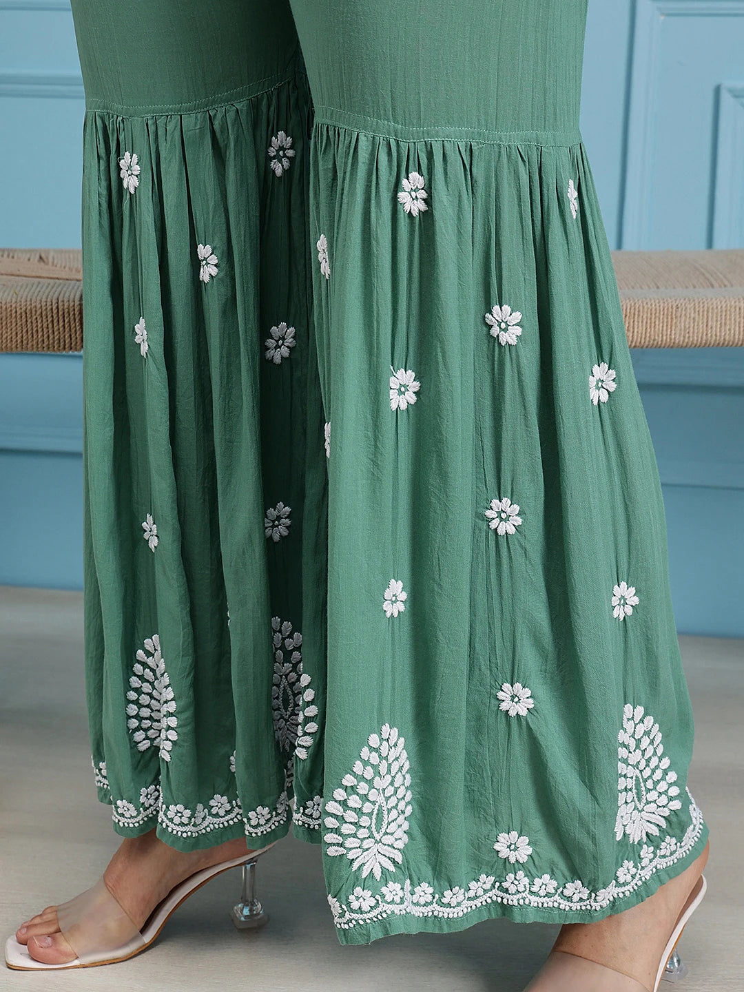 Ada Hand Embroidered Green Modal Lucknowi Chikankari Garara Set A811322