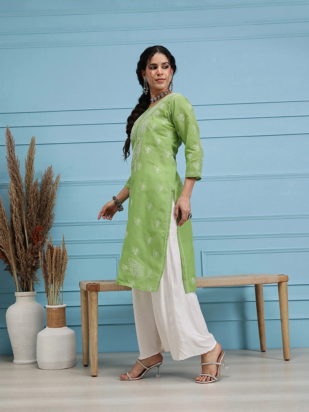 Ada Hand Embroidered Green Cotton Lucknowi Chikankari Straight Kurta A231437