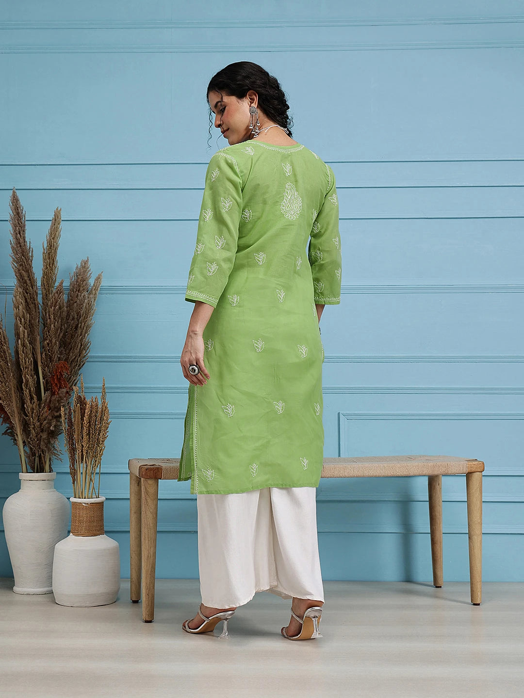 Ada Hand Embroidered Green Cotton Lucknowi Chikankari Straight Kurta A231437