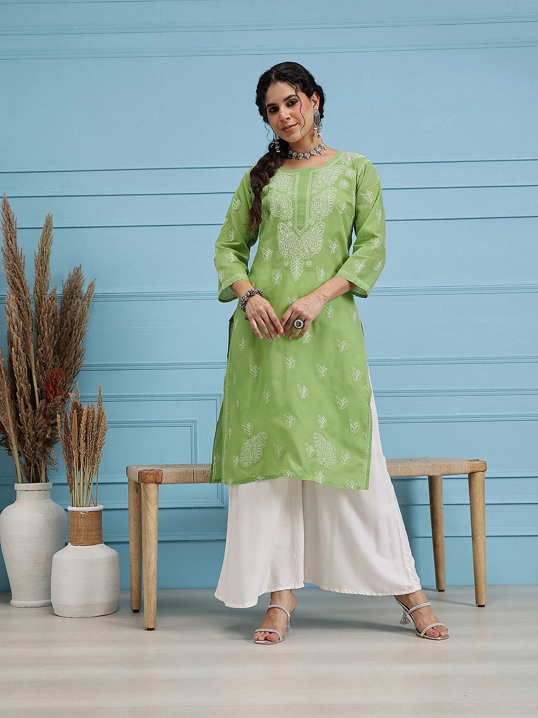Ada Hand Embroidered Green Cotton Lucknowi Chikankari Straight Kurta A231437