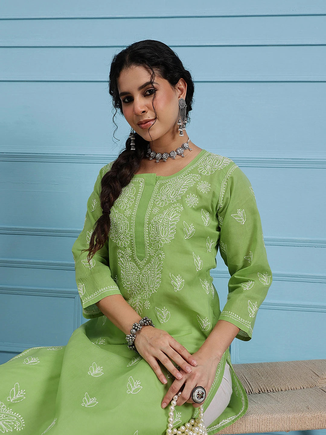 Ada Hand Embroidered Green Cotton Lucknowi Chikankari Straight Kurta A231437
