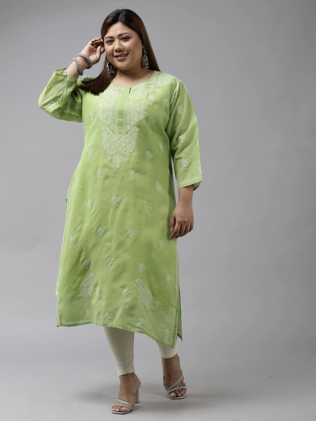Ada Hand Embroidered Green Cotton Lucknowi Chikankari Straight Kurta A231437