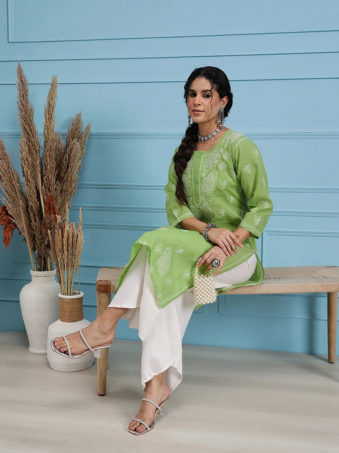 Ada Hand Embroidered Green Cotton Lucknowi Chikankari Straight Kurta A231437