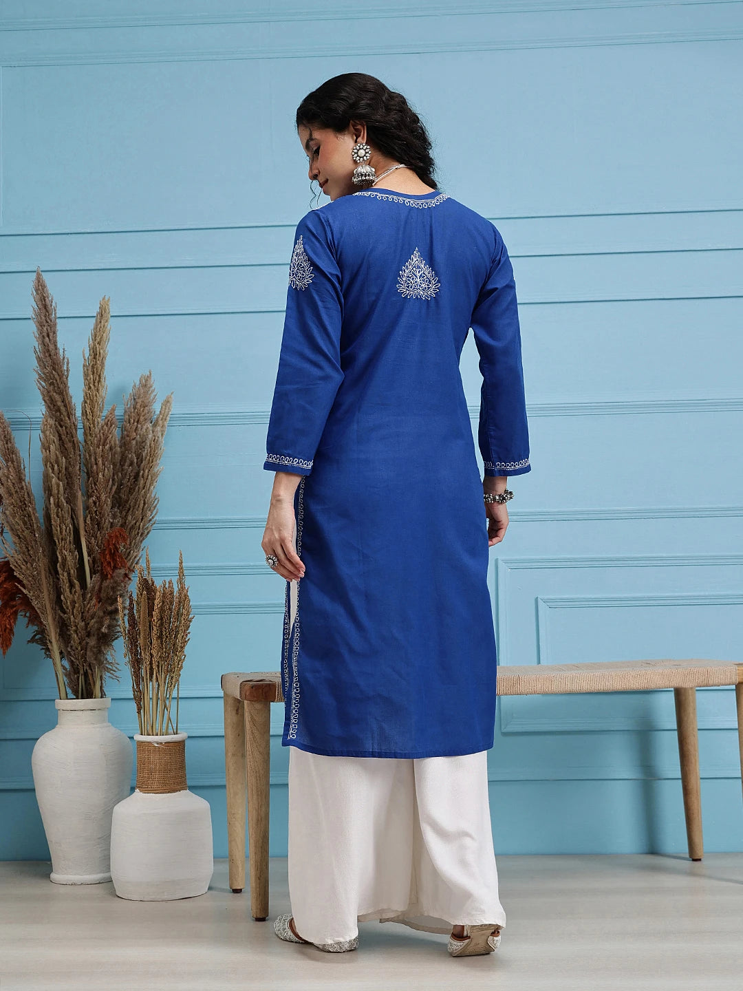 Ada Hand Embroidered Royal Blue Cotton Lucknowi Chikankari Straight  Kurta  A197442