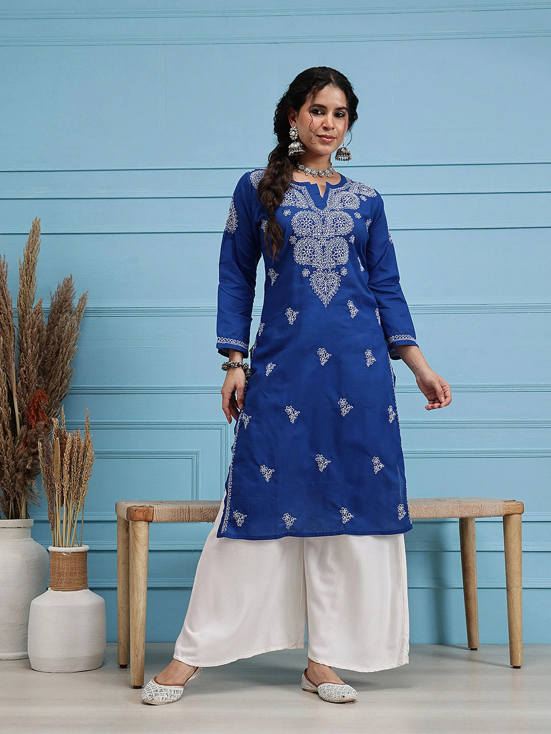 Ada Hand Embroidered Royal Blue Cotton Lucknowi Chikankari Straight  Kurta  A197442