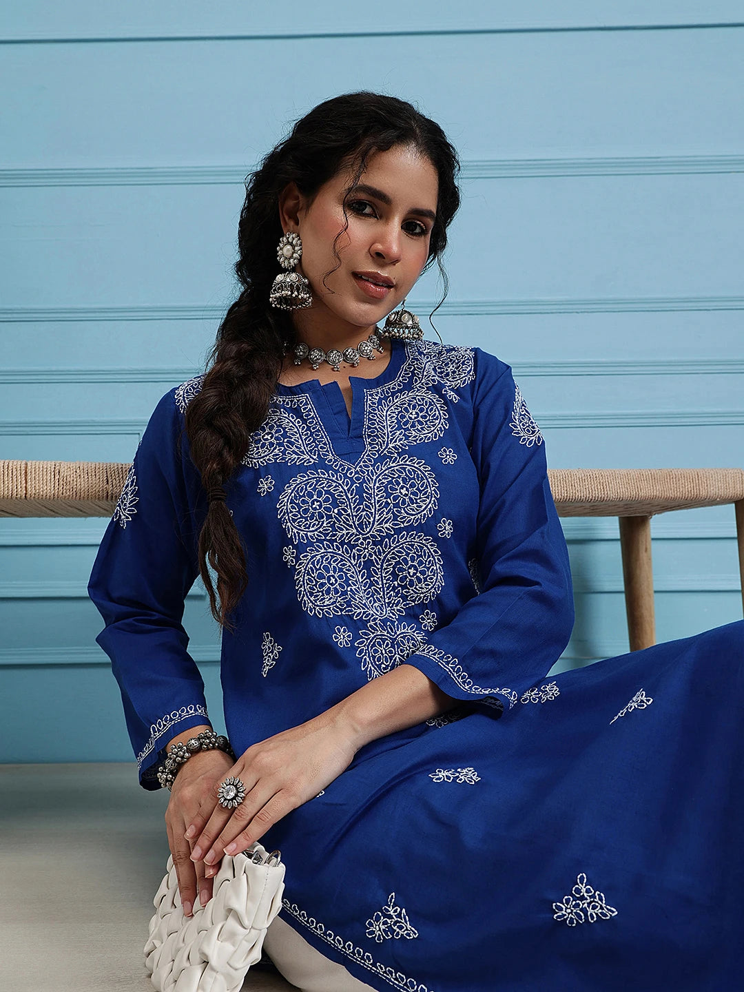 Ada Hand Embroidered Royal Blue Cotton Lucknowi Chikankari Straight  Kurta  A197442
