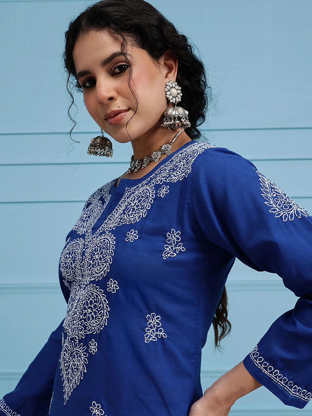 Ada Hand Embroidered Royal Blue Cotton Lucknowi Chikankari Straight  Kurta  A197442