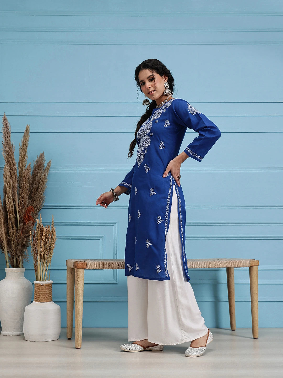 Ada Hand Embroidered Royal Blue Cotton Lucknowi Chikankari Straight  Kurta  A197442
