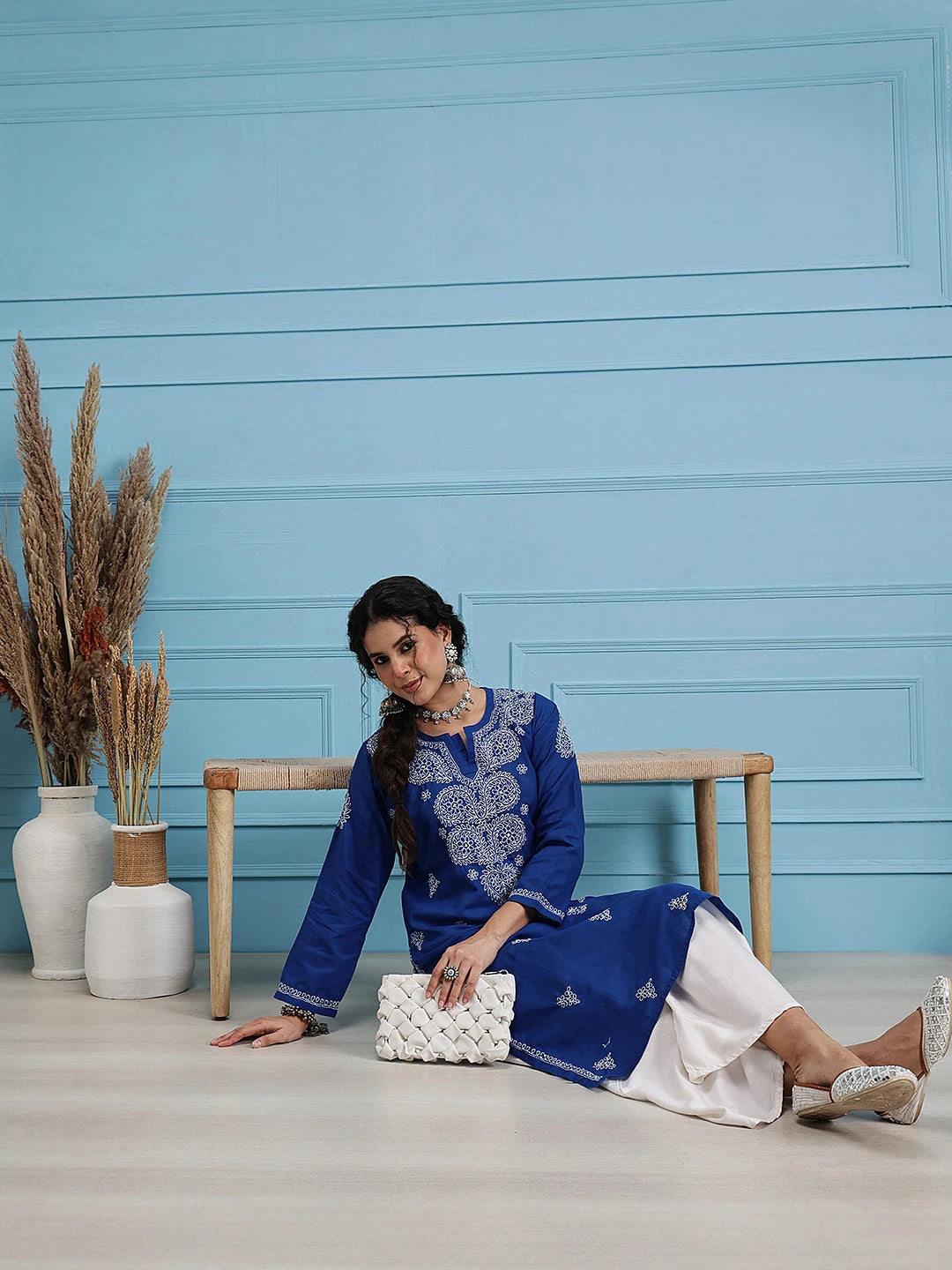 Ada Hand Embroidered Royal Blue Cotton Lucknowi Chikankari Straight  Kurta  A197442