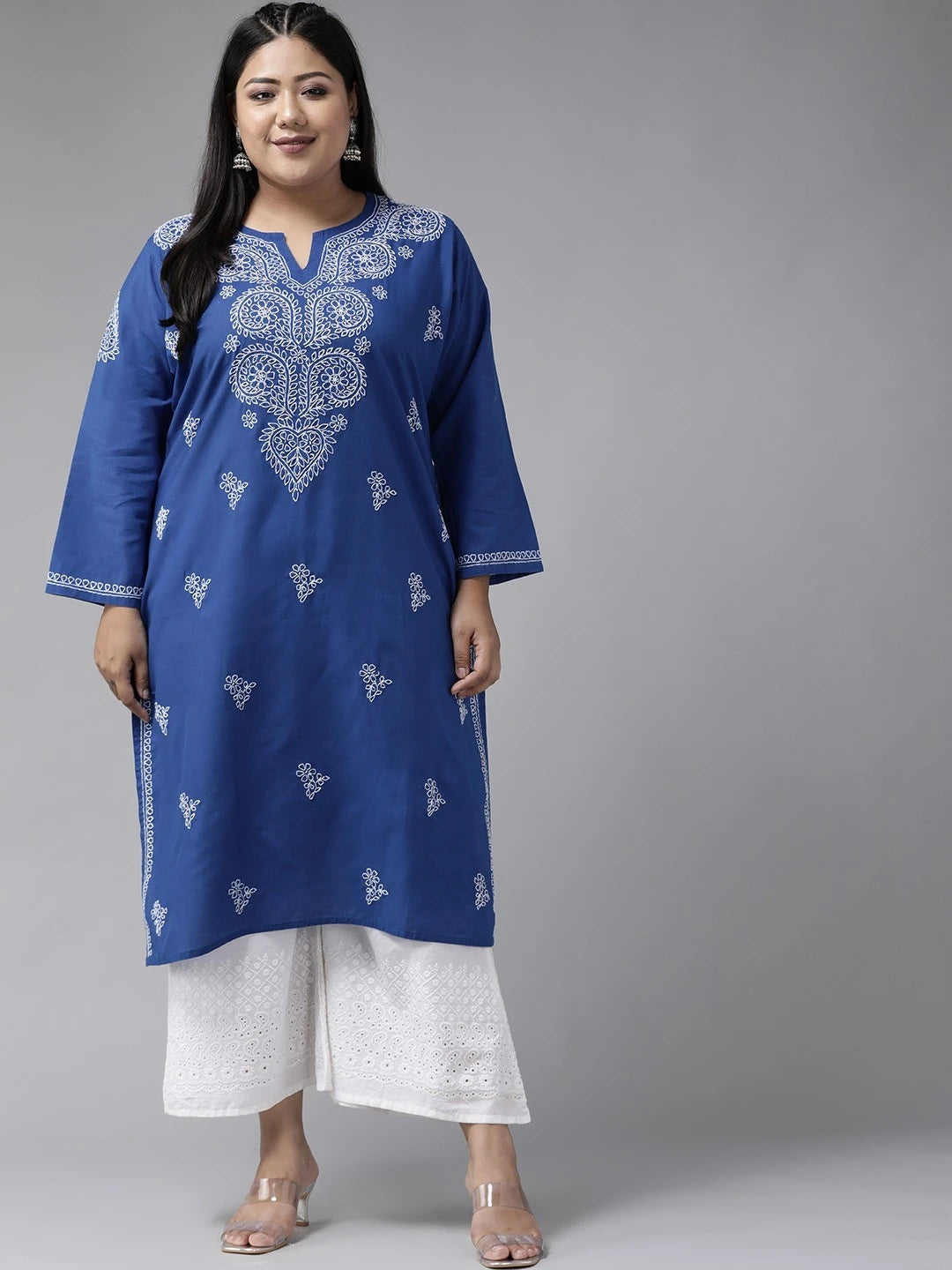 Ada Hand Embroidered Royal Blue Cotton Lucknowi Chikankari Straight  Kurta  A197442