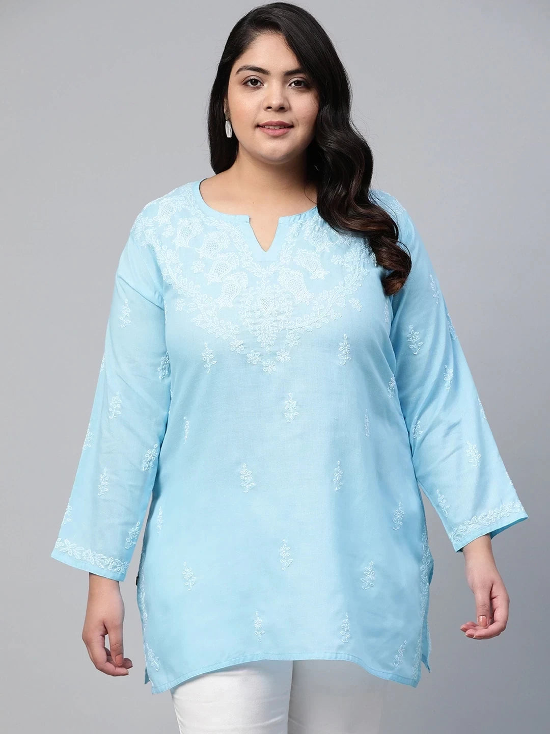 Ada Hand Embroidered Blue Cotton Lucknowi Chikankari Straight Kurti A534613