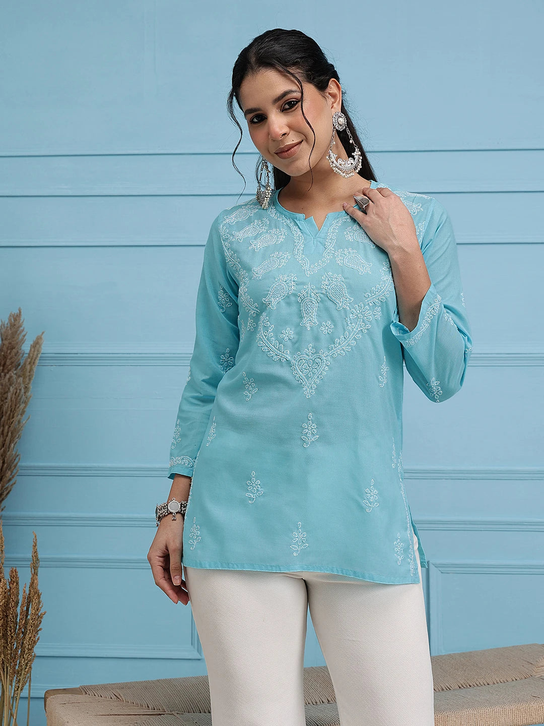 Ada Hand Embroidered Blue Cotton Lucknowi Chikankari Straight Kurti A534613