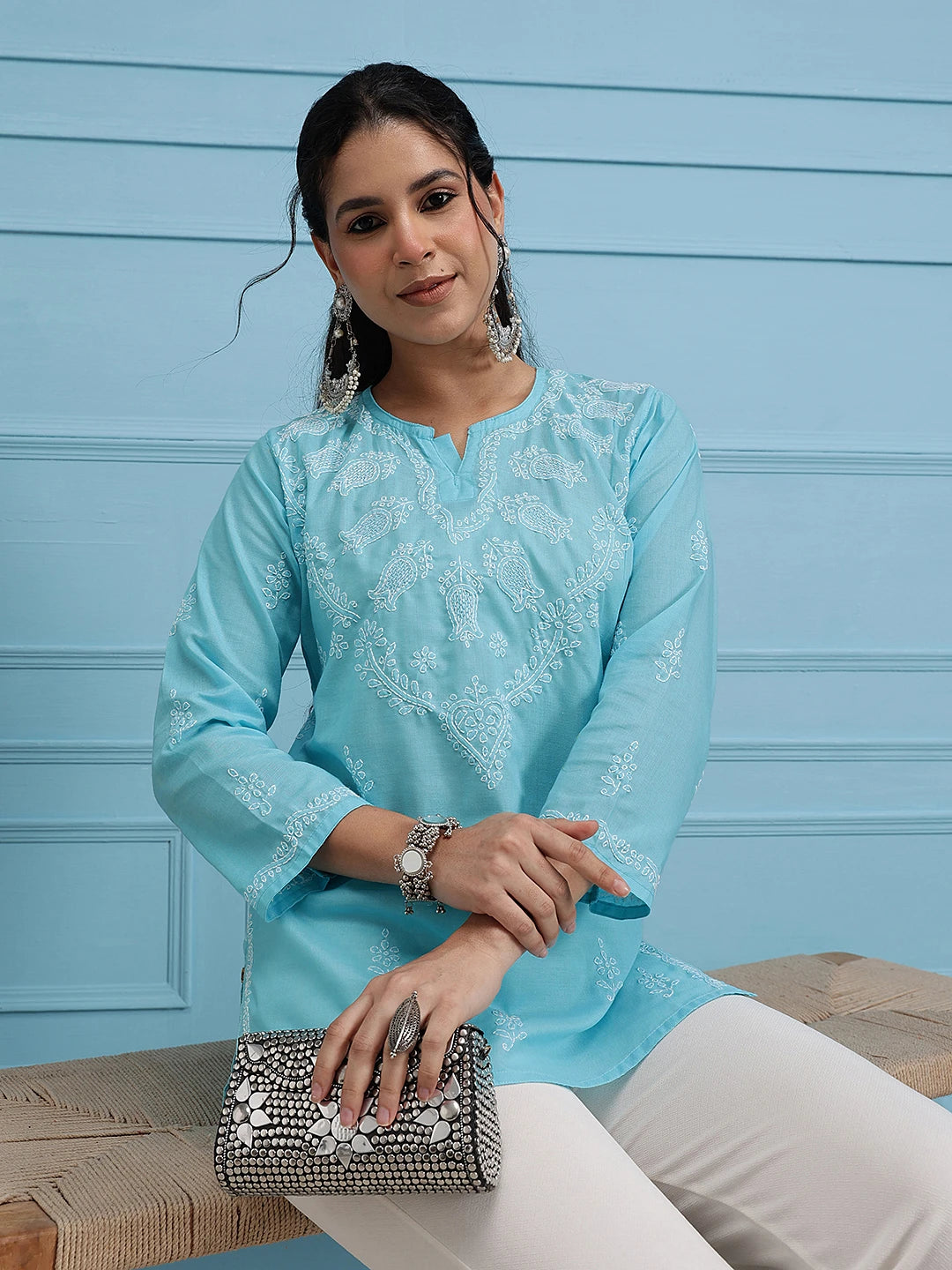 Ada Hand Embroidered Blue Cotton Lucknowi Chikankari Straight Kurti A534613