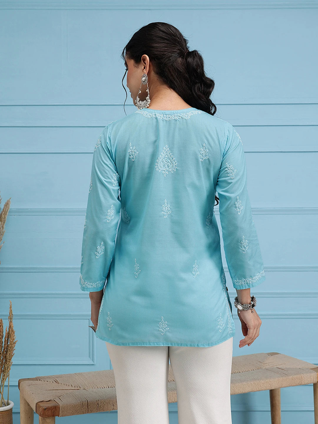 Ada Hand Embroidered Blue Cotton Lucknowi Chikankari Straight Kurti A534613