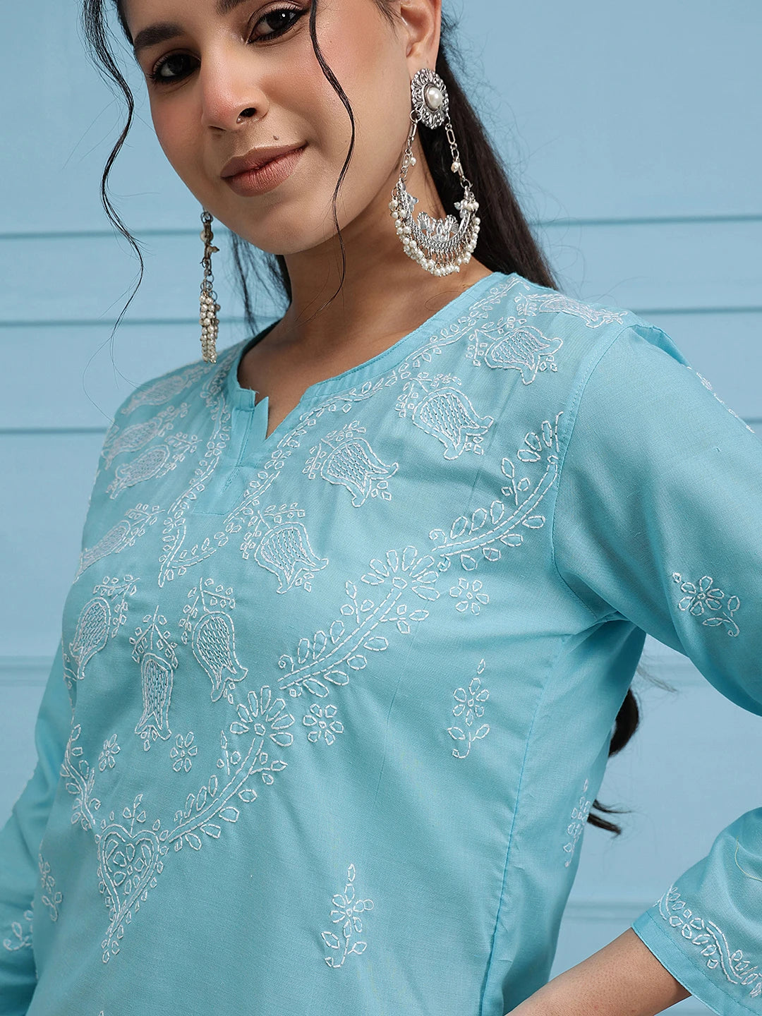 Ada Hand Embroidered Blue Cotton Lucknowi Chikankari Straight Kurti A534613