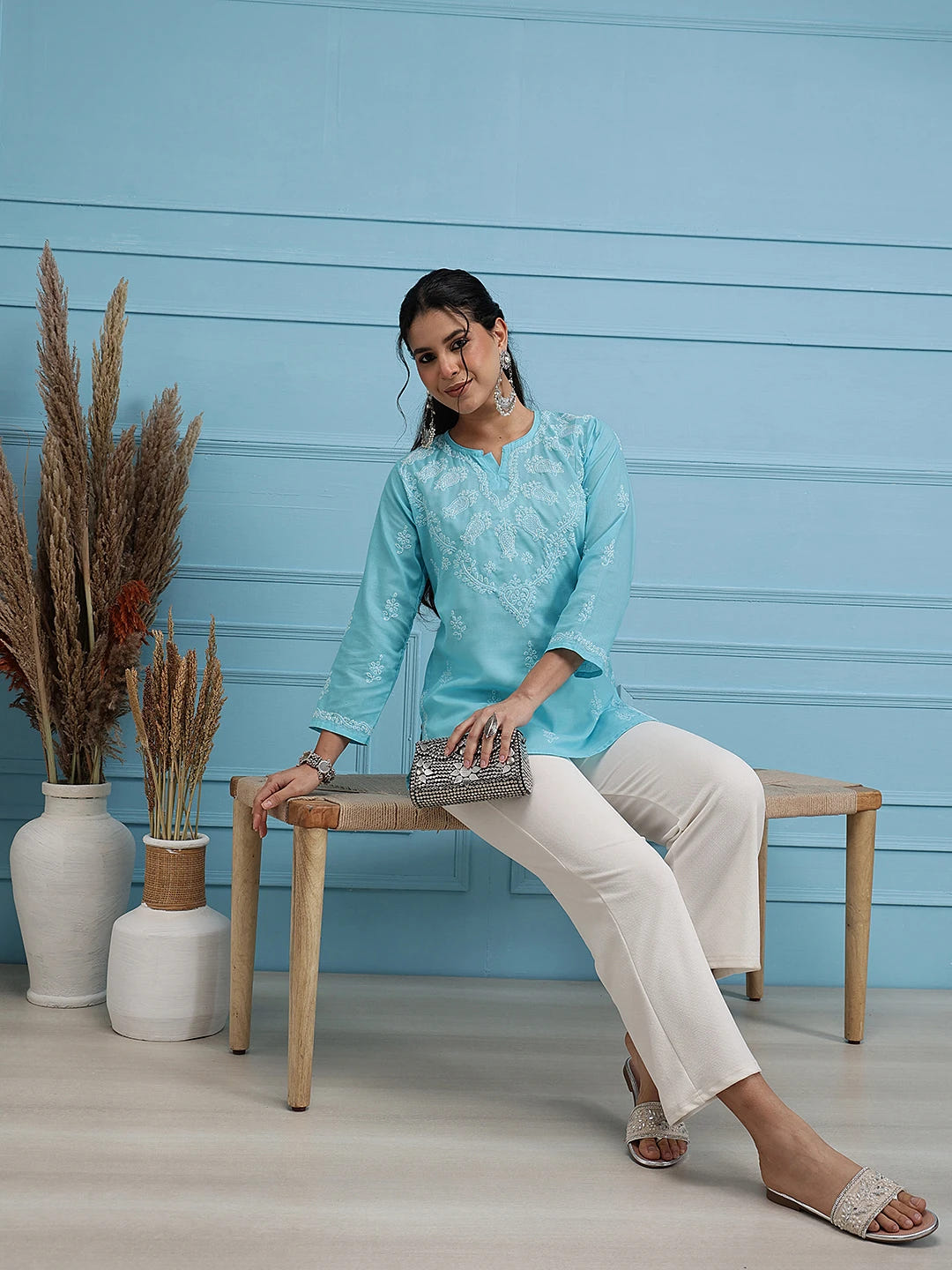 Ada Hand Embroidered Blue Cotton Lucknowi Chikankari Straight Kurti A534613
