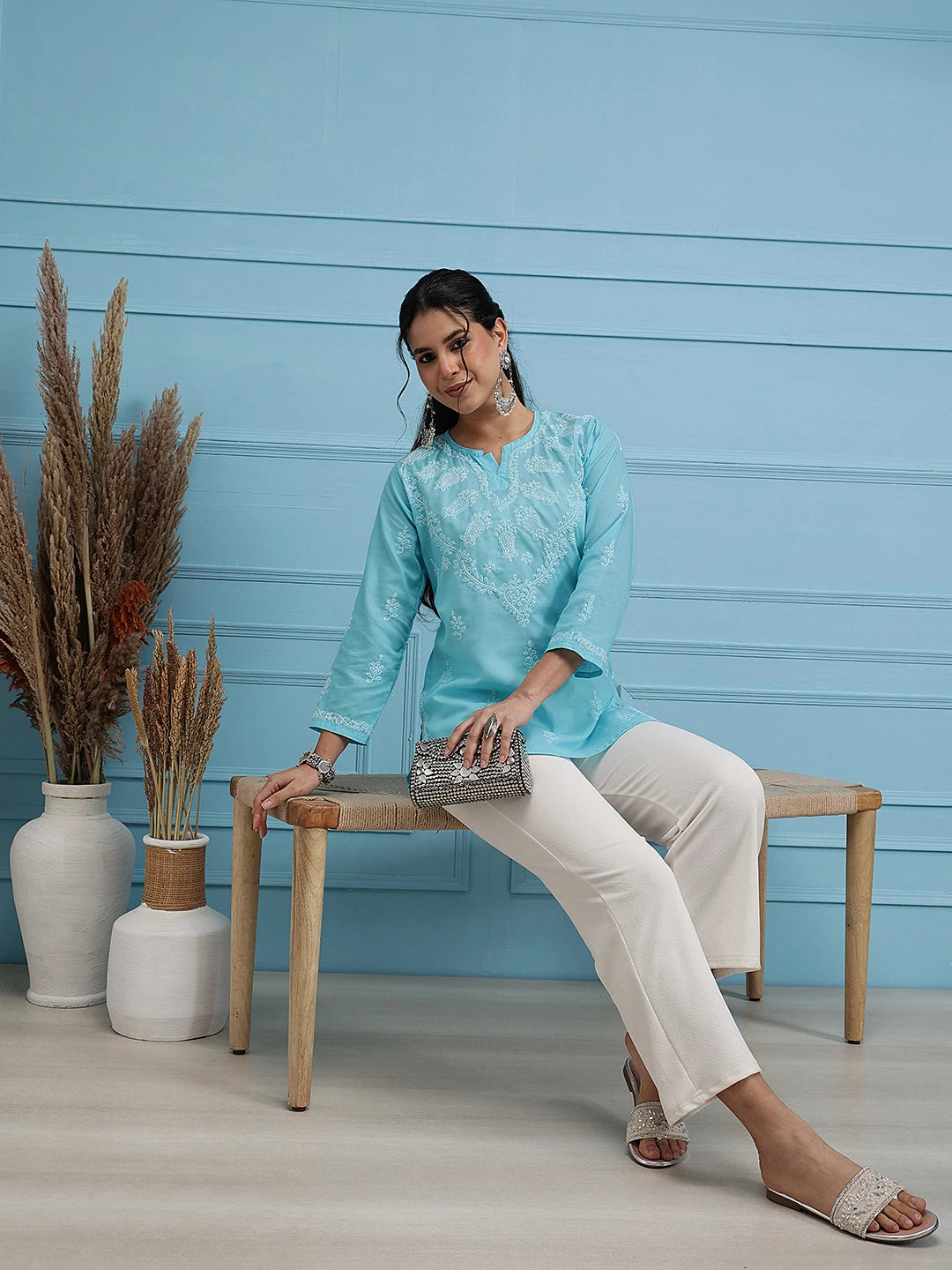 Ada Hand Embroidered Blue Cotton Lucknowi Chikankari Straight Kurti A534613