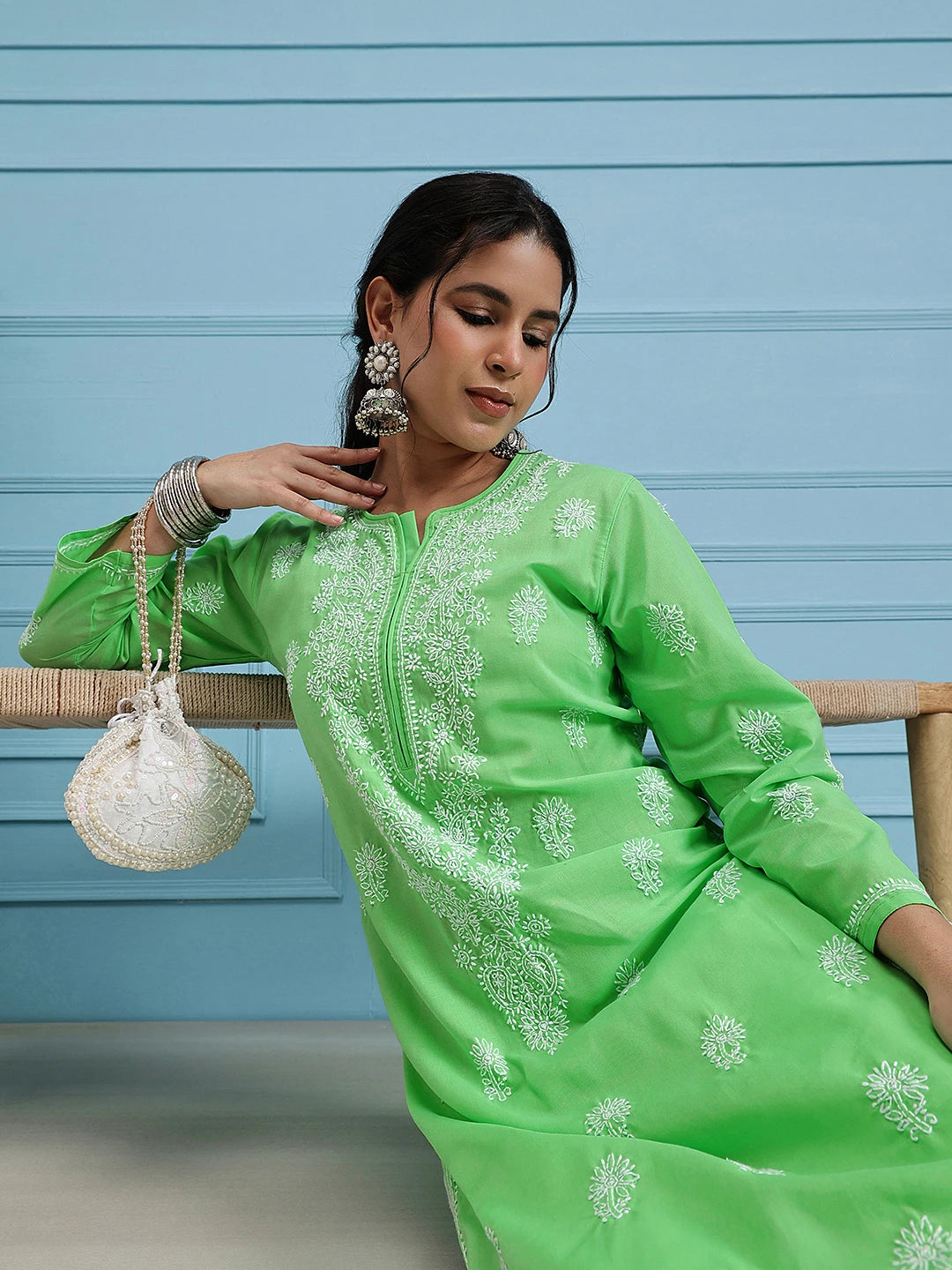 Ada Hand Embroidered Green Cotton Lucknowi Chikankari Straight Kurta A100471