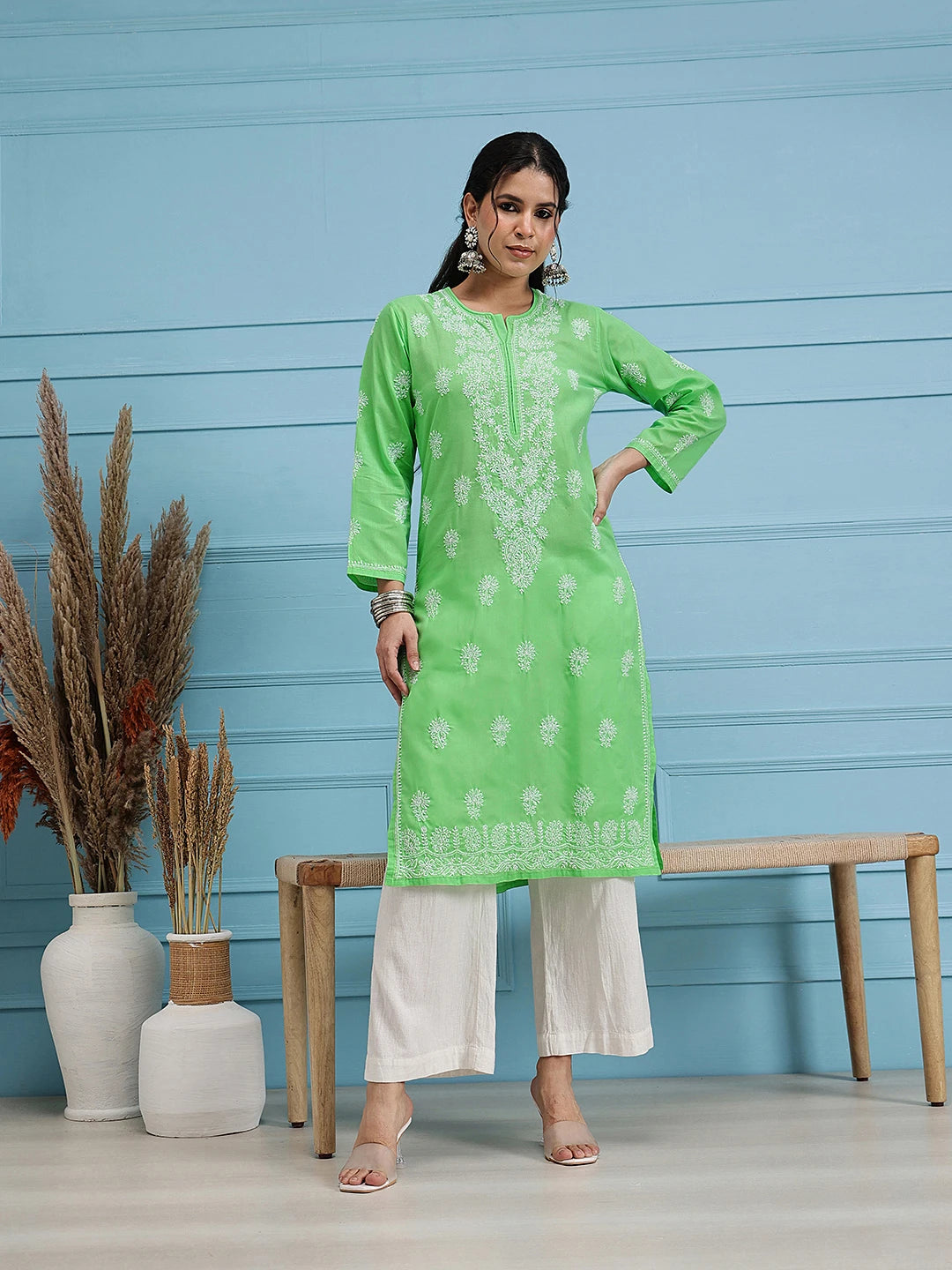 Ada Hand Embroidered Green Cotton Lucknowi Chikankari Straight Kurta A100471