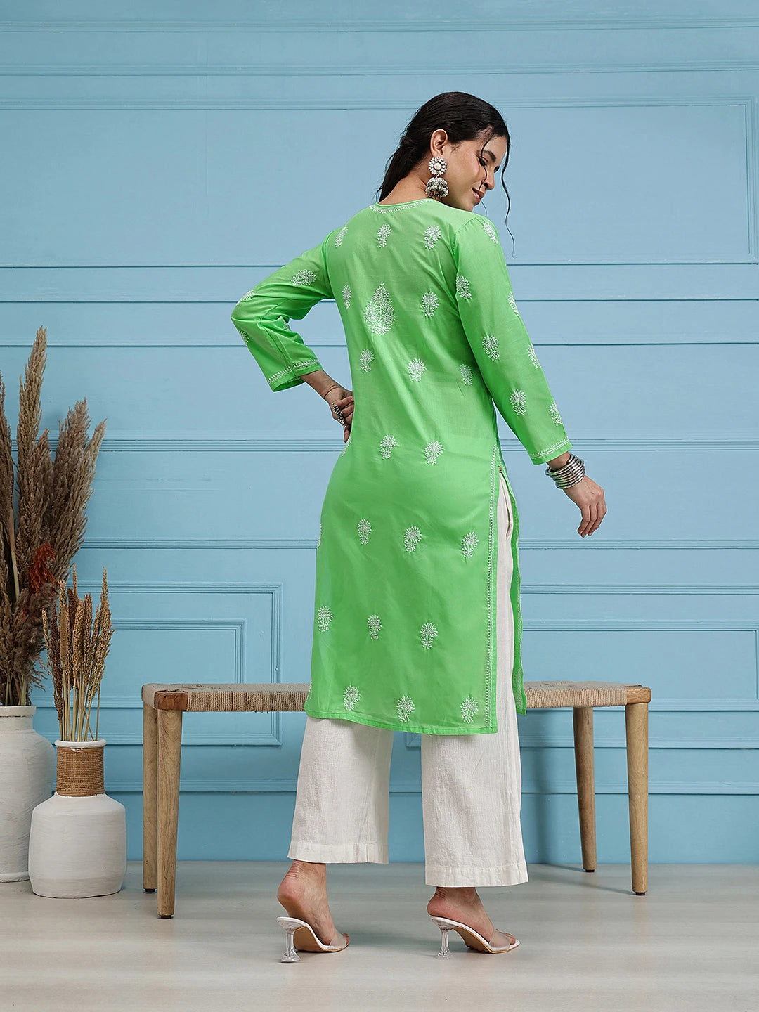 Ada Hand Embroidered Green Cotton Lucknowi Chikankari Straight Kurta A100471