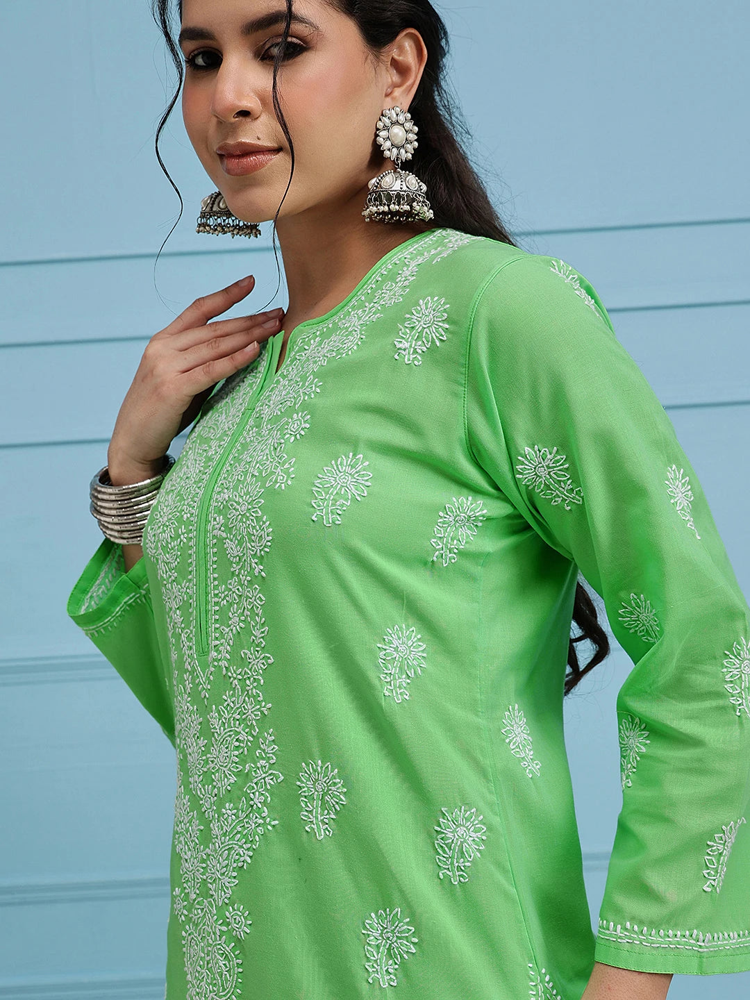 Ada Hand Embroidered Green Cotton Lucknowi Chikankari Straight Kurta A100471