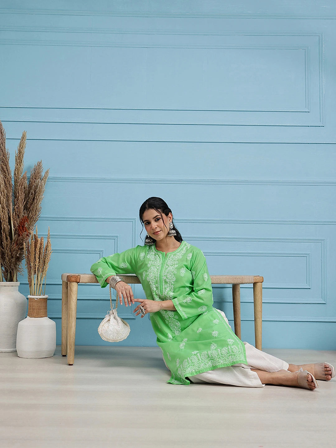 Ada Hand Embroidered Green Cotton Lucknowi Chikankari Straight Kurta A100471