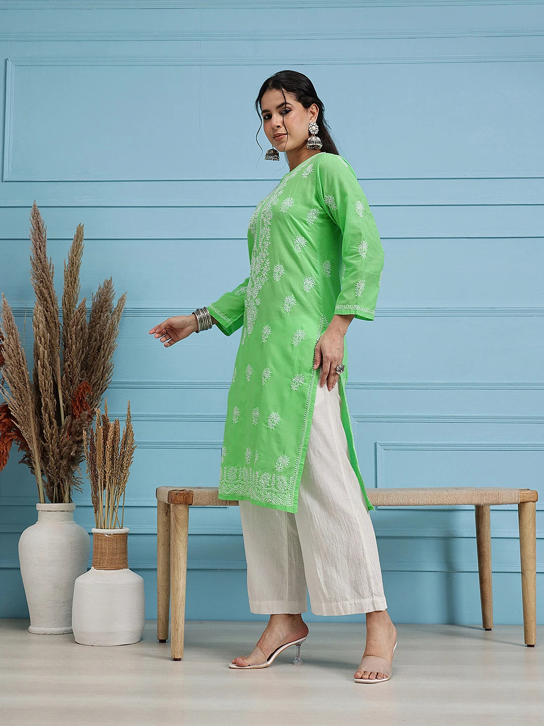 Ada Hand Embroidered Green Cotton Lucknowi Chikankari Straight Kurta A100471