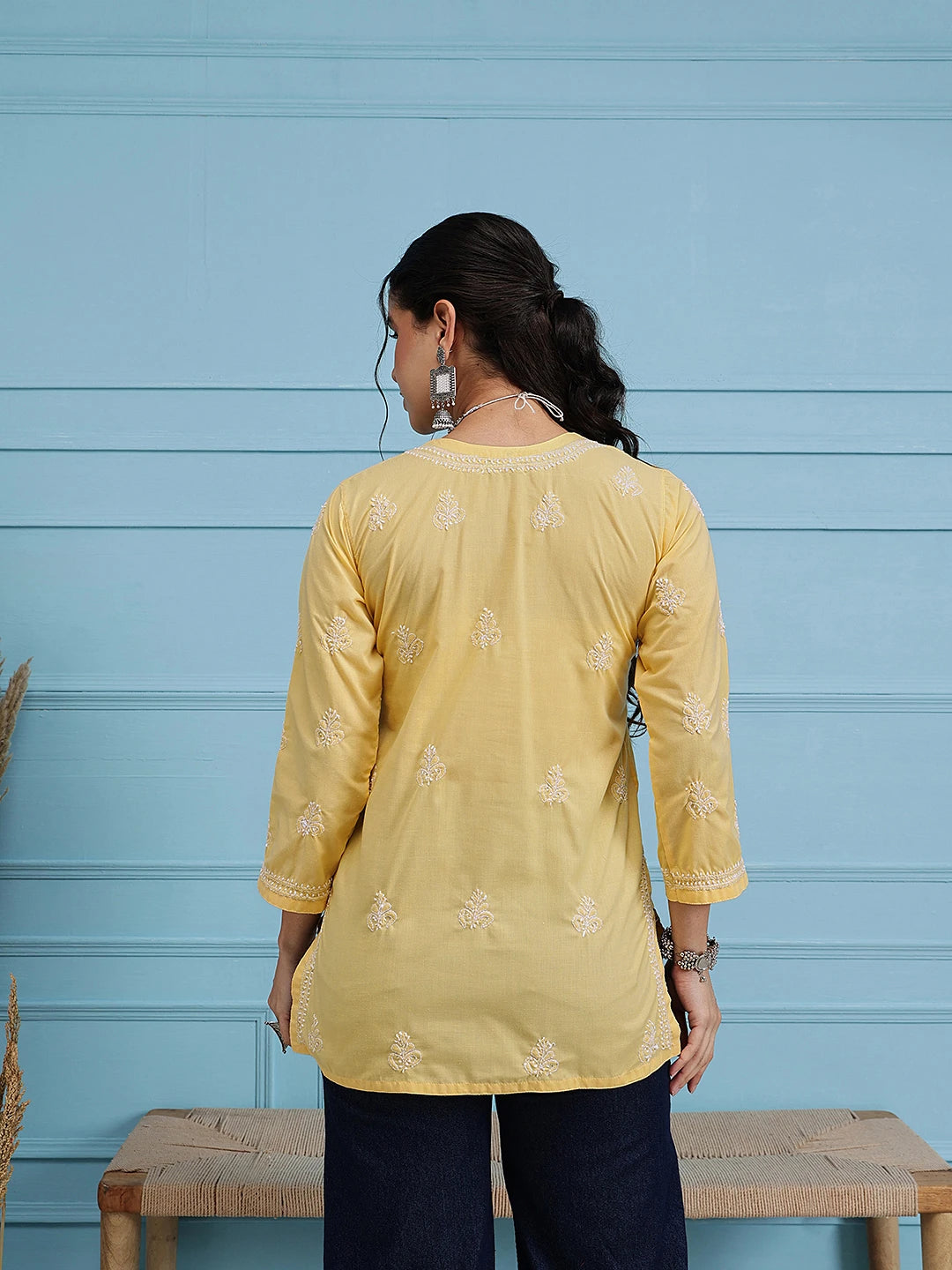 Ada Hand Embroidered Yellow Cotton Lucknowi Chikankari Short Kurti A911362