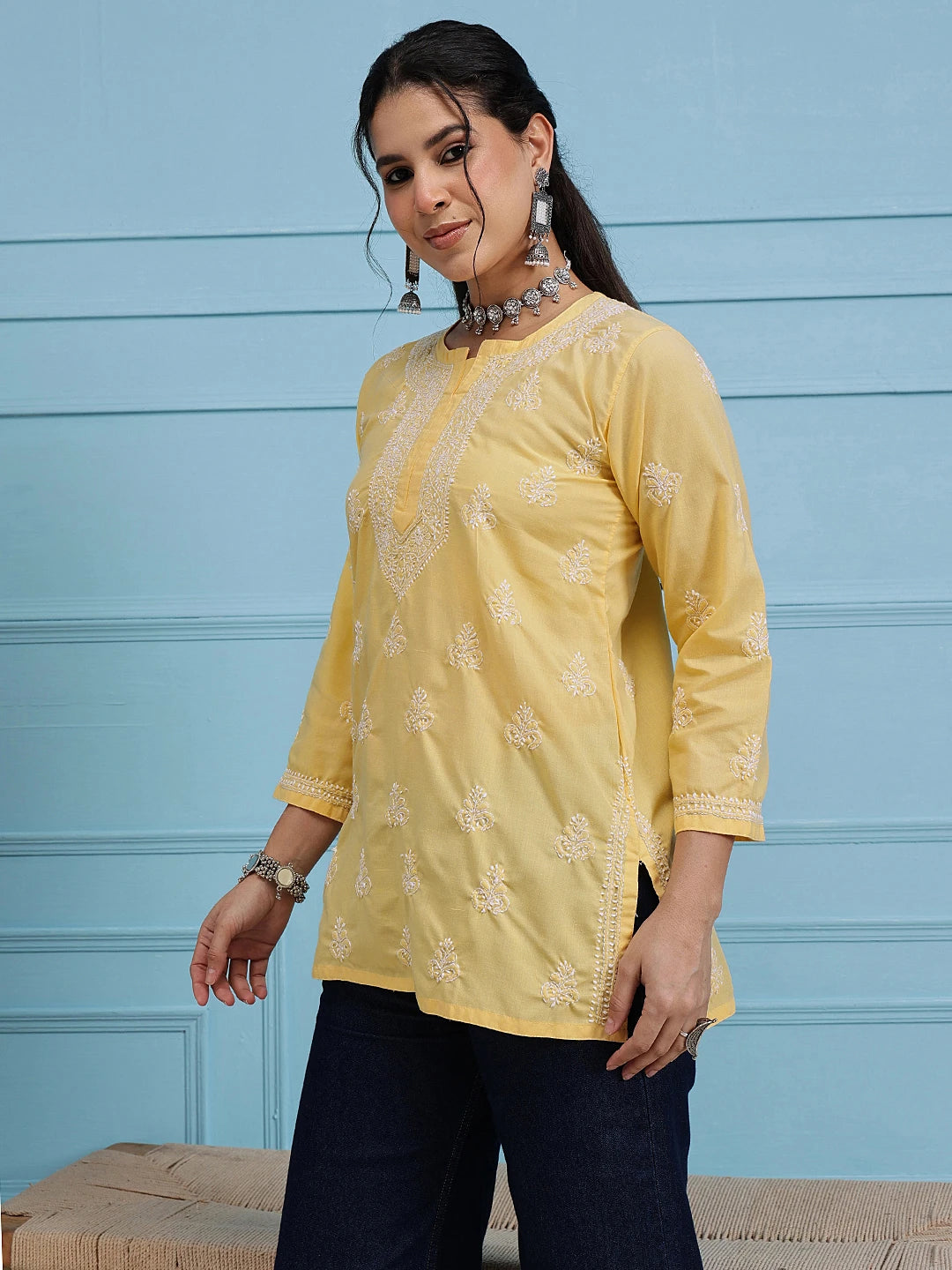Ada Hand Embroidered Yellow Cotton Lucknowi Chikankari Short Kurti A911362
